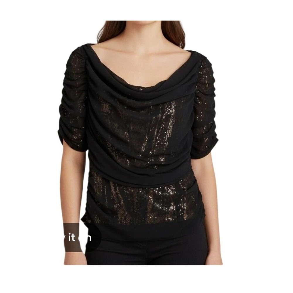 Tadashi Shoji Black Gold Sequin Ruched Cowl Neck Evening Top size 8